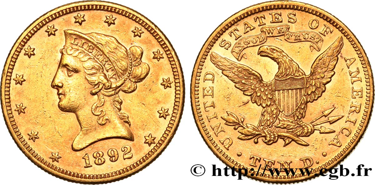 ÉTATS-UNIS D AMÉRIQUE 10 Dollars  Liberty  1892 Philadelphie fVZ/VZ 