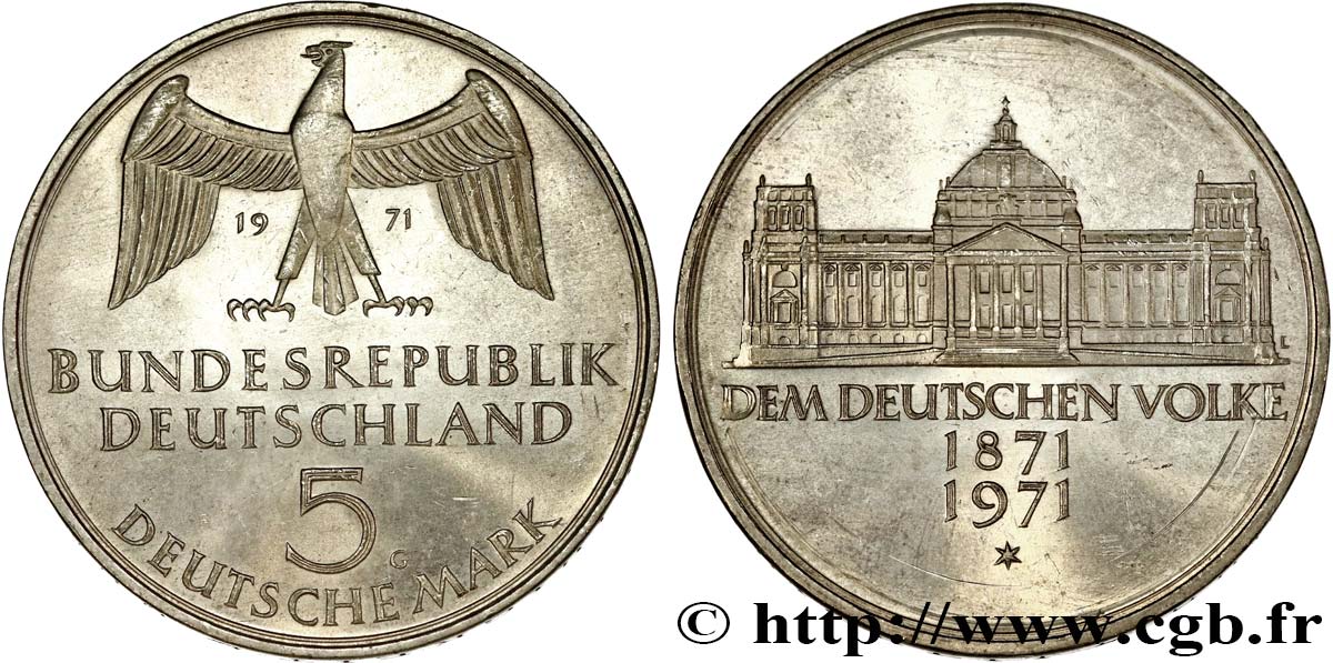 DEUTSCHLAND 5 Mark Centenaire du parlement allemand 1971 Karlsruhe VZ 