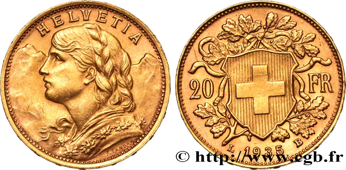 SWITZERLAND 20 Francs or  Vreneli   1935 Berne AU 