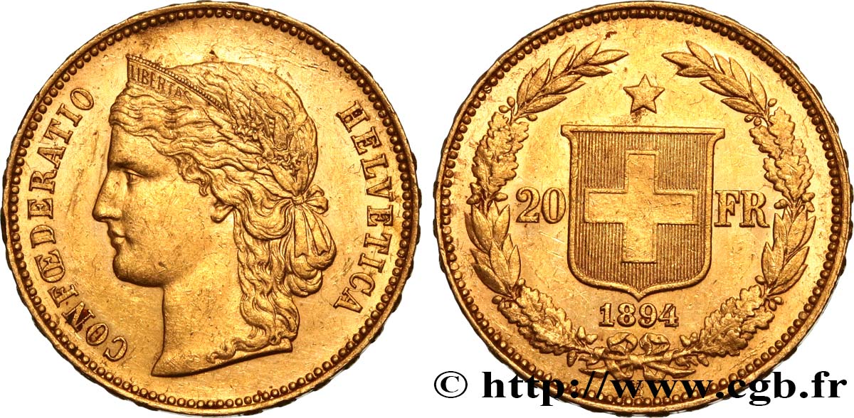 SWITZERLAND 20 Francs Helvetia 1894 Berne AU 