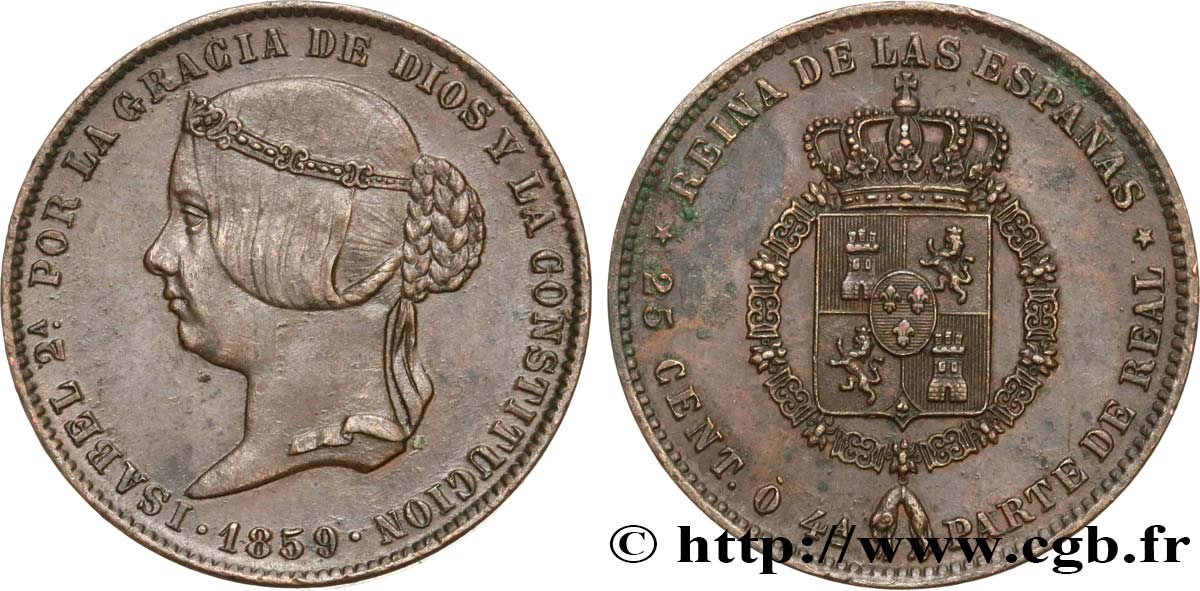 SPAIN - KINGDOM OF SPAIN - ISABELLA II Essai de 25 Centimos, type non adopté 1859 Madrid AU/AU 