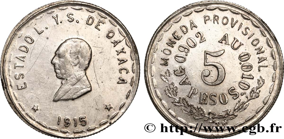 MEXIQUE 5 Pesos 1915  SUP 