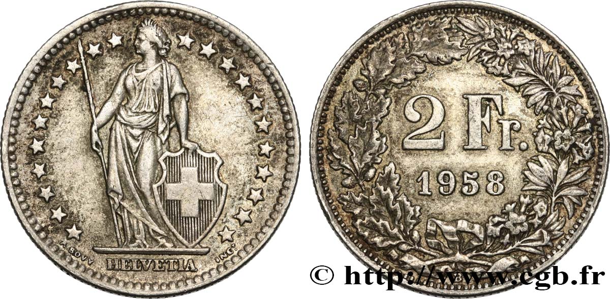 SVIZZERA  2 Francs Helvetia 1958 Berne SPL 