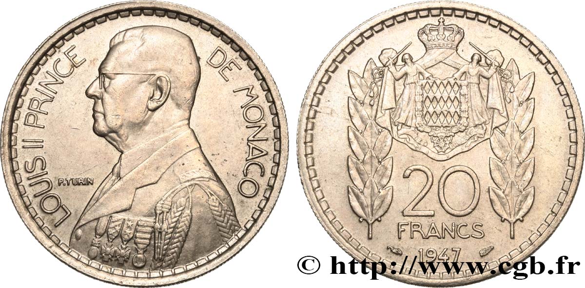 MONACO 20 Francs prince Louis II 1947 Paris VZ 