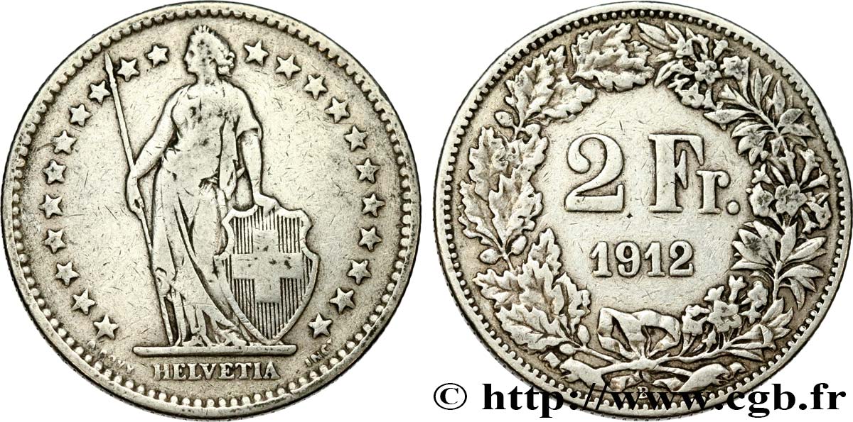 SWITZERLAND 2 Francs Helvetia 1912 Berne - B VF 