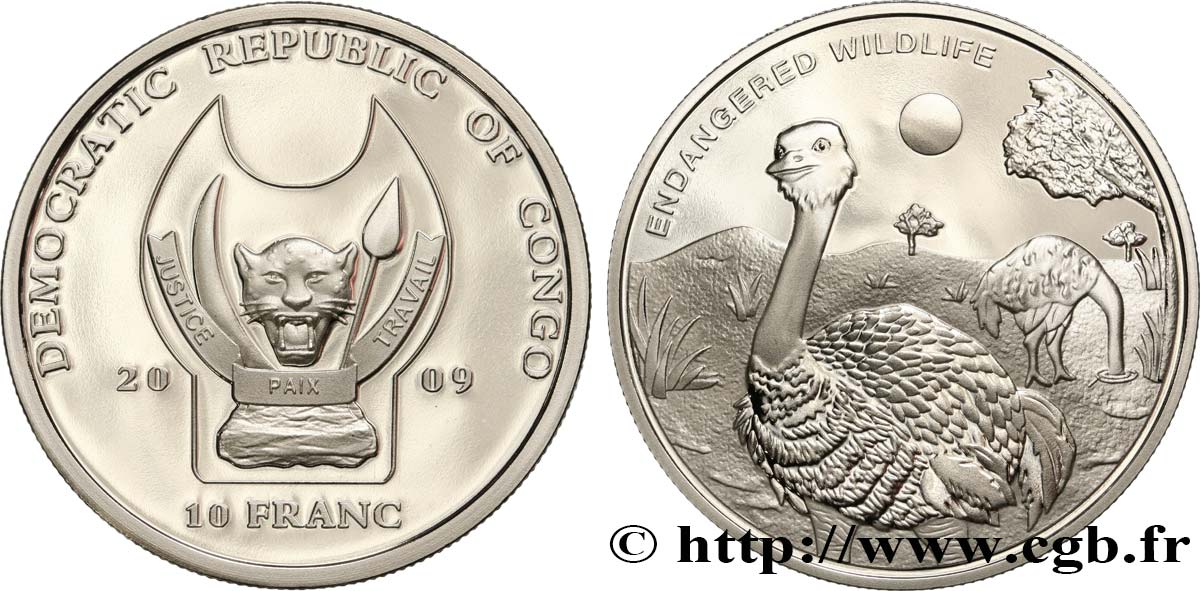 CONGO, DEMOCRATIC REPUBLIC 10 Franc(s) Proof Espèces en danger : autruches 2009  MS 