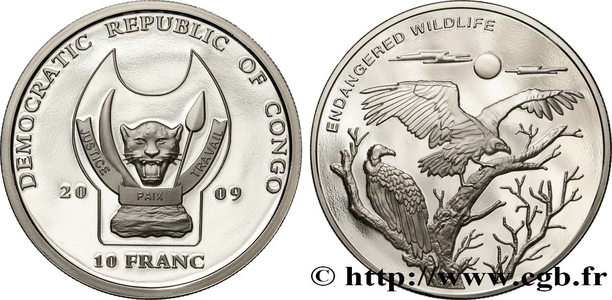RÉPUBLIQUE DÉMOCRATIQUE DU CONGO 10 Franc(s) Proof Espèces en danger : vautour 2009  FDC 