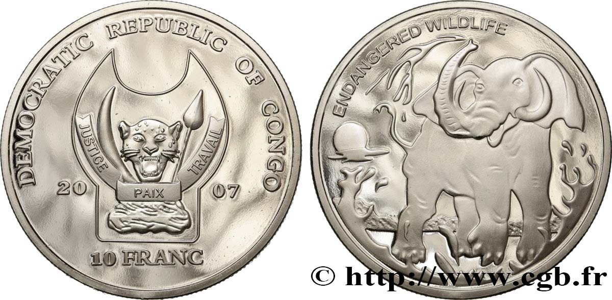 RÉPUBLIQUE DÉMOCRATIQUE DU CONGO 10 Franc(s) Proof Espèces en danger : éléphant 2007  FDC 
