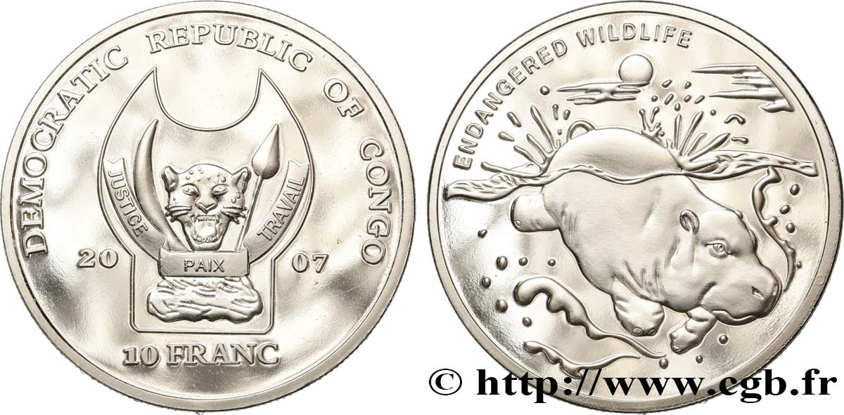 RÉPUBLIQUE DÉMOCRATIQUE DU CONGO 10 Franc(s) Proof Espèces en danger : hippopotame 2007  FDC 