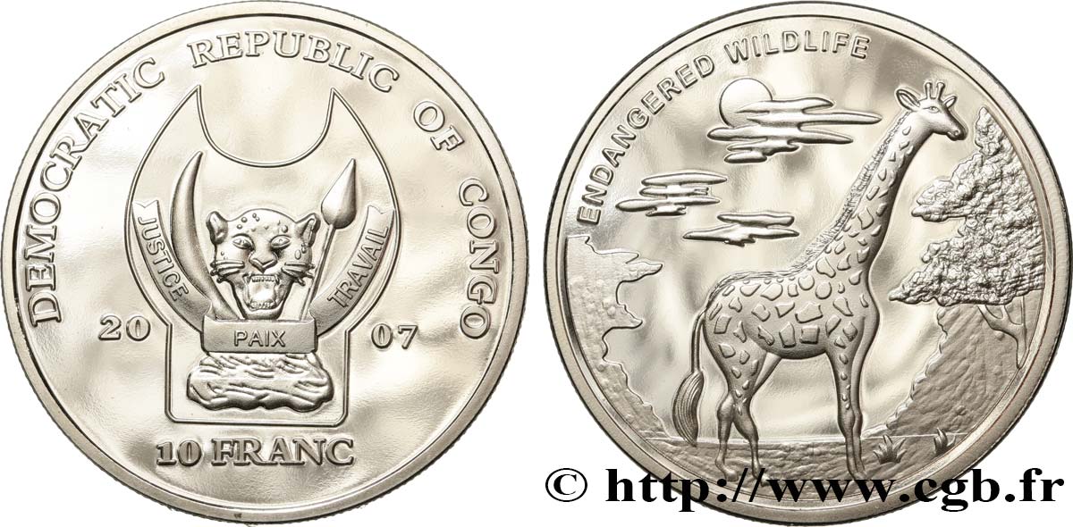 REPUBBLICA DEMOCRATICA DEL CONGO 10 Franc(s) Proof Espèces en danger : girafe 2007  FDC 