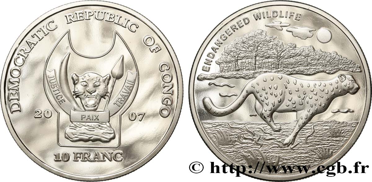 DEMOKRATISCHE REPUBLIK KONGO 10 Franc(s) Proof Espèces en danger : guépard 2007  ST 