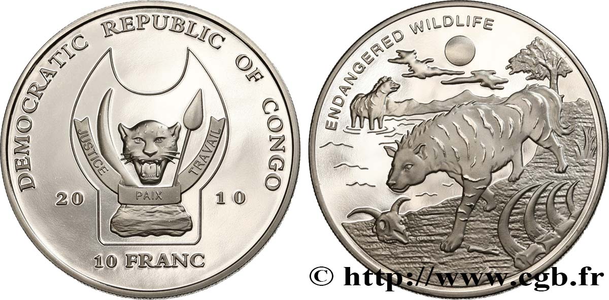 REPUBBLICA DEMOCRATICA DEL CONGO 10 Franc(s) Proof Espèces en danger : hyène 2010  FDC 