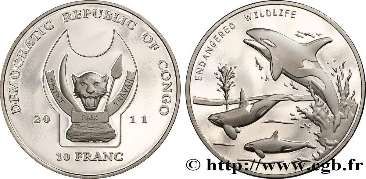 RÉPUBLIQUE DÉMOCRATIQUE DU CONGO 10 Franc(s) Proof Espèces en danger : dauphins 2011  FDC 