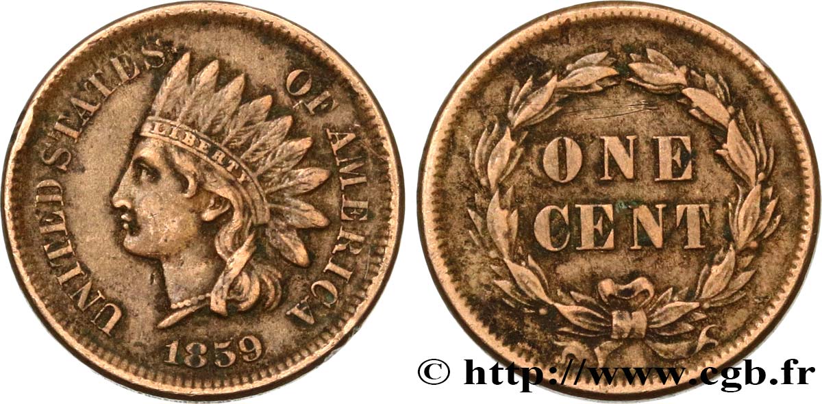UNITED STATES OF AMERICA 1 Cent tête d’indien 1859 Philadelphie XF 
