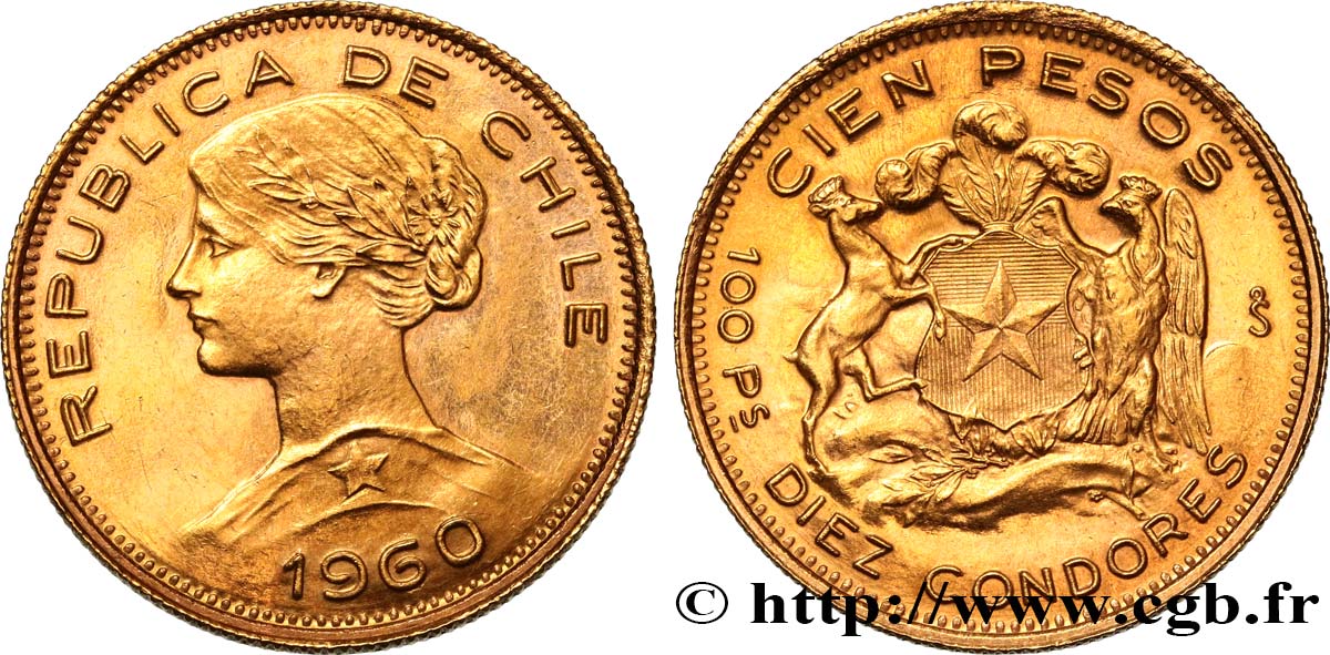 CHILE
 100 Pesos or ou 10 condores en or, 2e type buste de la République 1960 Santiago SC 