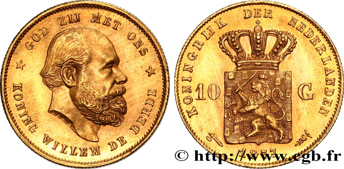 NIEDERLANDE 10 Gulden Guillaume III, 2e type 1877 Utrecht VZ 