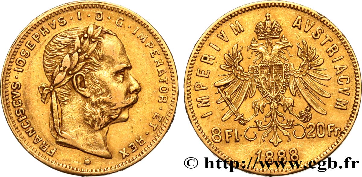 AUSTRIA 8 Florins ou 20 Francs François-Joseph Ier 1888 Vienne MBC 