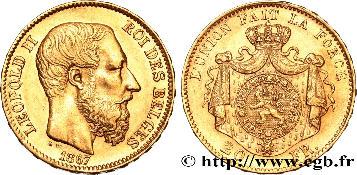 BELGIEN 20 Francs Léopold II 1867 Bruxelles fVZ/VZ 