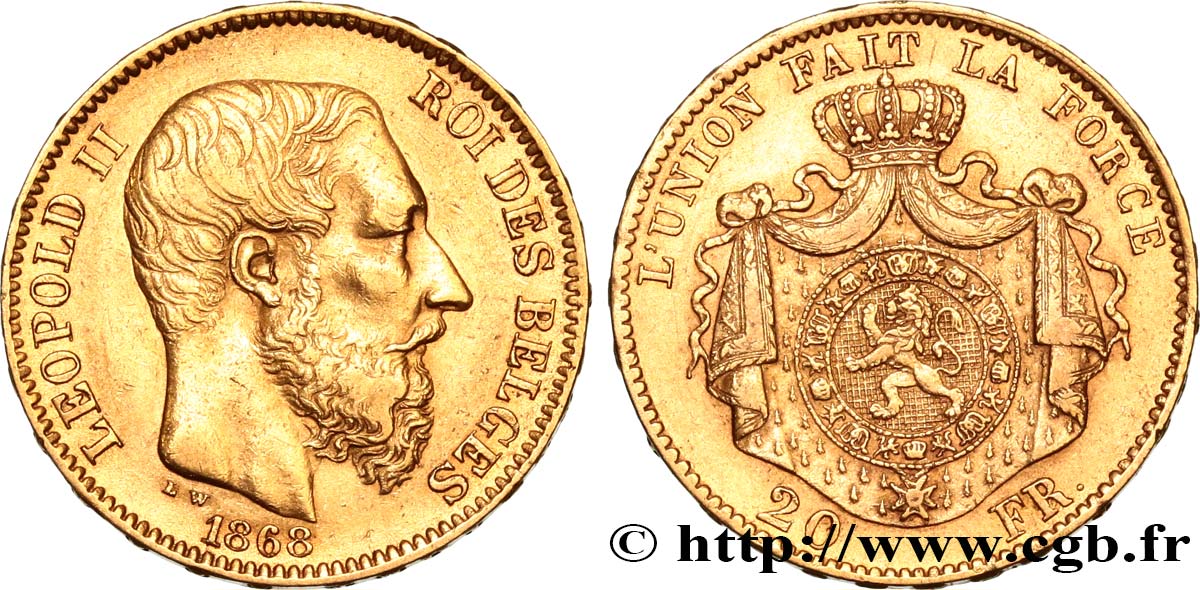 BELGIUM 20 Francs Léopold II 1868 Bruxelles AU 