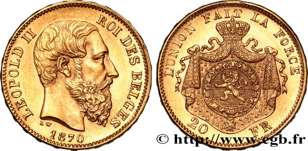 BELGIQUE 20 Francs Léopold II 1870 Bruxelles SUP 