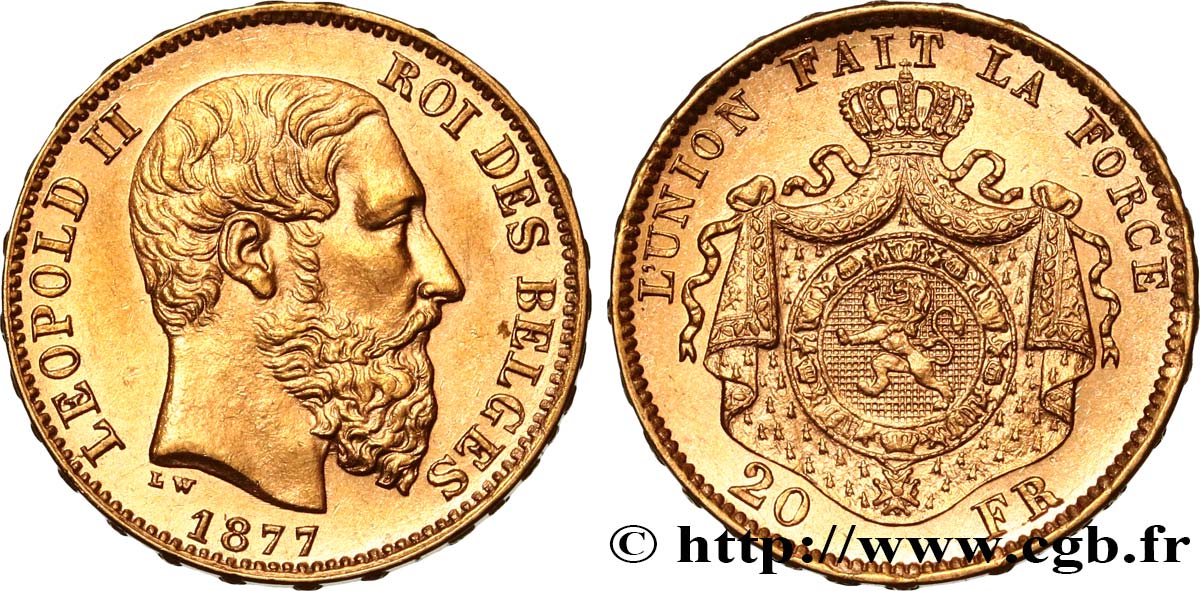 BELGIEN 20 Francs Léopold II 1877 Bruxelles VZ 