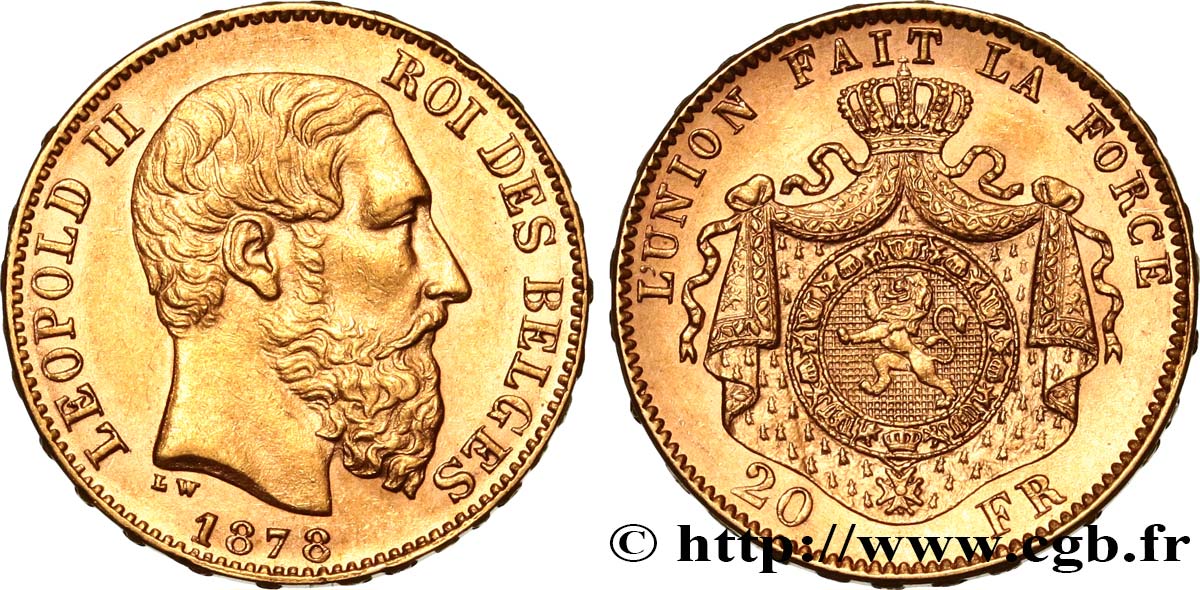 BELGIQUE 20 Francs Léopold II 1878 Bruxelles TTB+ 