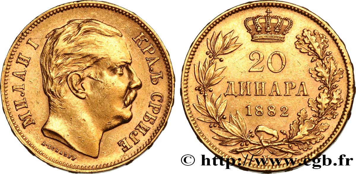 SERBIA 20 Dinara Milan IV Obrenovic 1882 Vienne q.SPL 