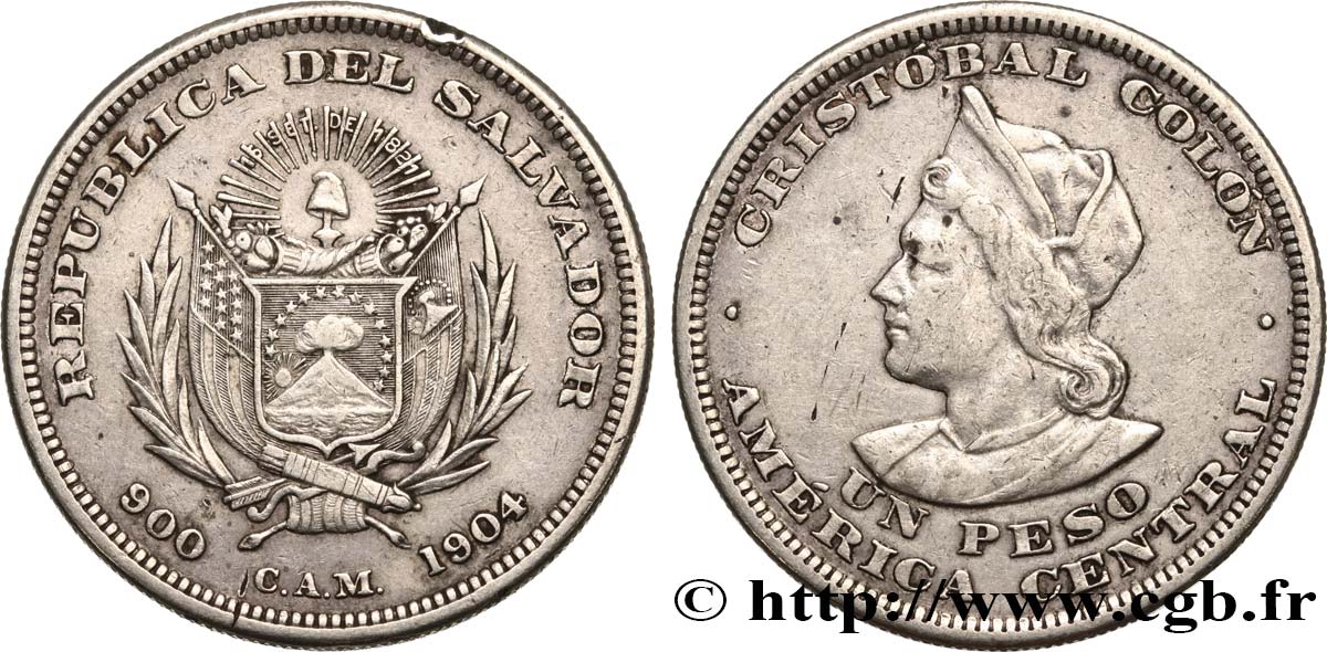 EL SALVADOR 1 Peso Christophe Colomb 1904 San Francisco XF 