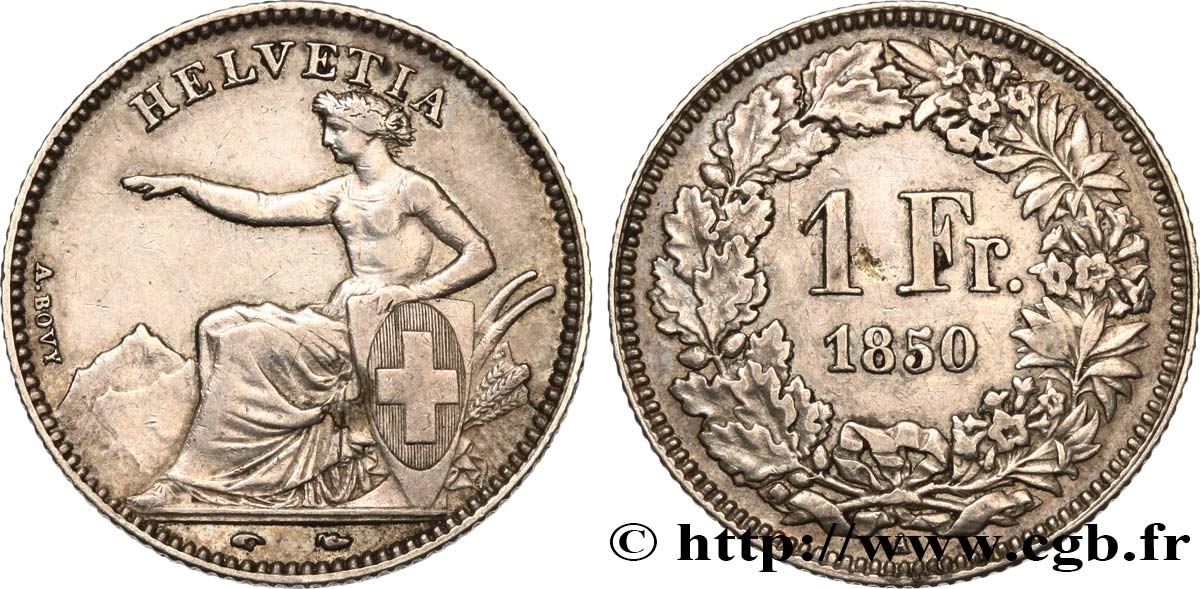SWITZERLAND - CONFEDERATION OF HELVETIA 1 Franc Helvetia assise 1850 Paris XF 