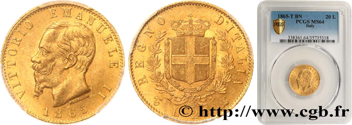ITALIA 20 Lire Victor Emmanuel II  1865 Turin MS64 PCGS