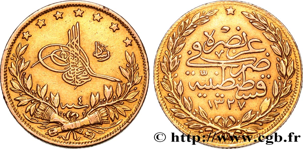 TURKEY 100 Kurush Mohammed V Resat AH 1327, An 4 1912 Constantinople AU 