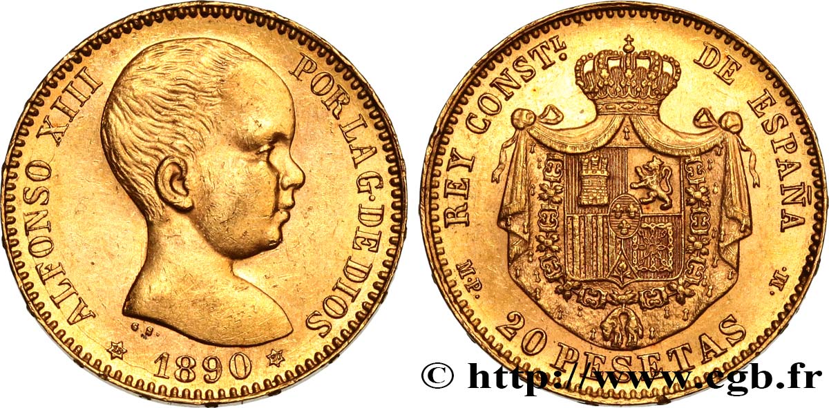 SPAIN - KINGDOM OF SPAIN - ALFONSO XIII 20 Pesetas 1890 Madrid AU 