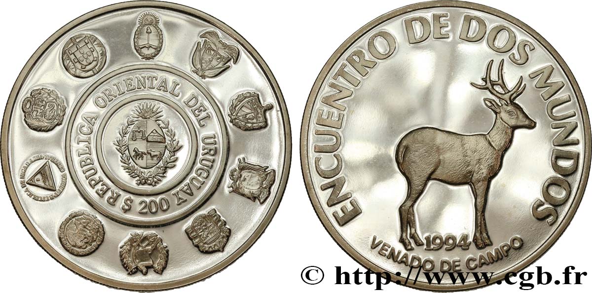 URUGUAY 200 Pesos Proof cerf 1994  MS 