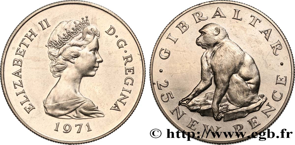 GIBRALTAR 25 New Pence Elisabeth II / singe Magot 1971  MS 