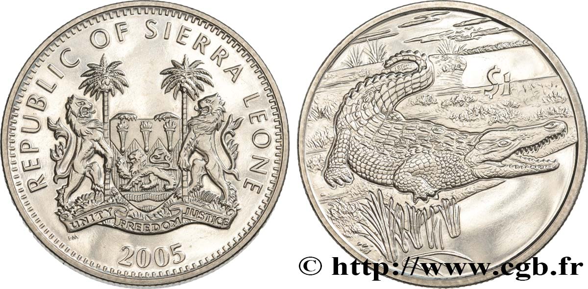 SIERRA LEONE 1 Dollar Proof crocodile 2005  fST 