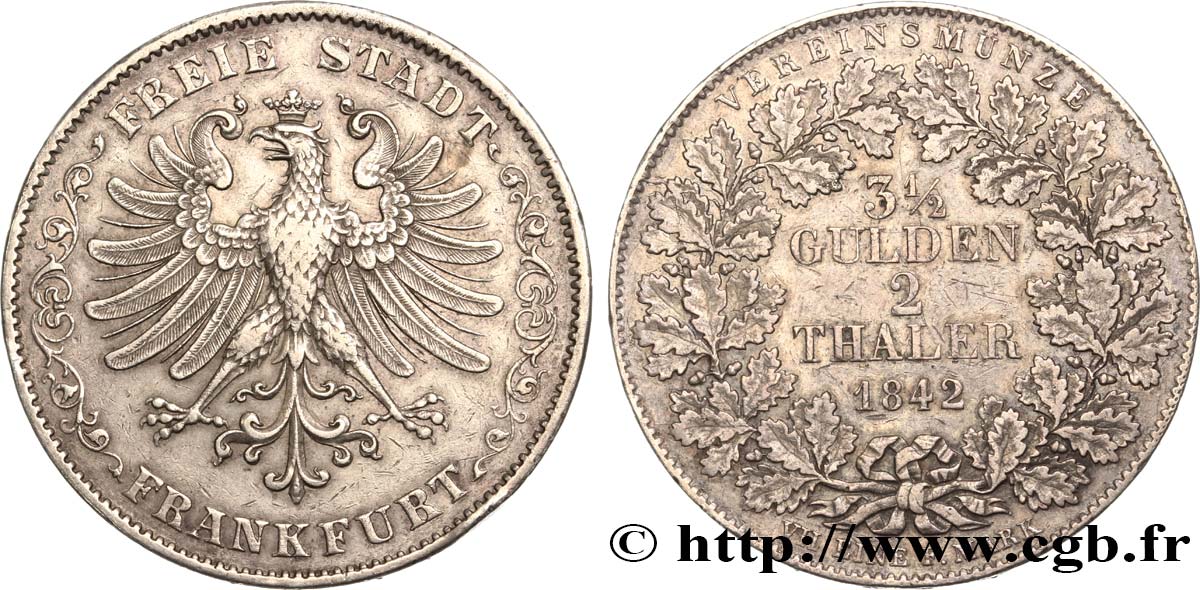 GERMANY - FREE CITY OF FRANKFURT 2 Thaler (3 1/2 Gulden) 1842 Francfort XF 