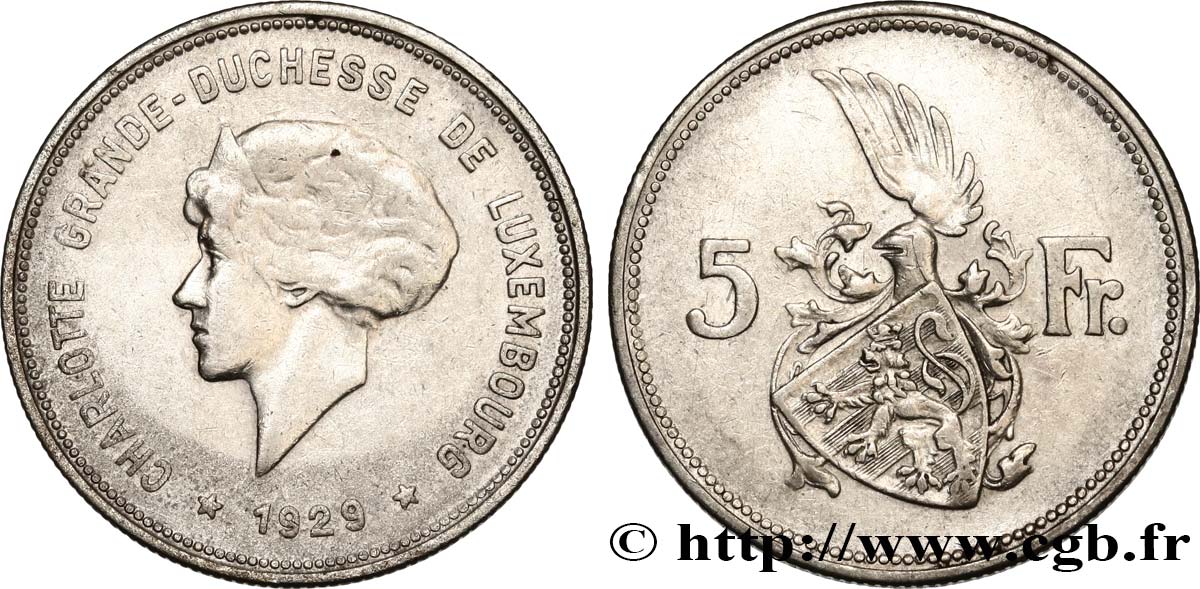 LUXEMBOURG 5 Francs Grande-Duchesse Charlotte 1929  VF 