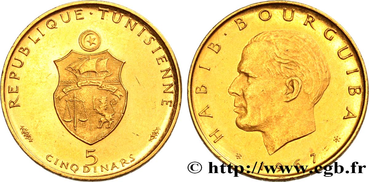 TUNISIA 5 Dinars Proof Habib Bourguiba, 10e anniversaire de la République 1967 Paris AU 