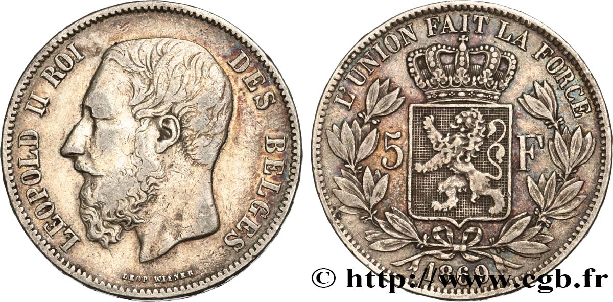 BELGIQUE 5 Francs Léopold II 1869  TB+ 