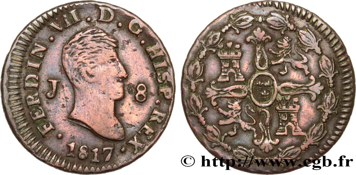 ESPAGNE 8 Maravedis Ferdinand VII 1817 Jubia TB 