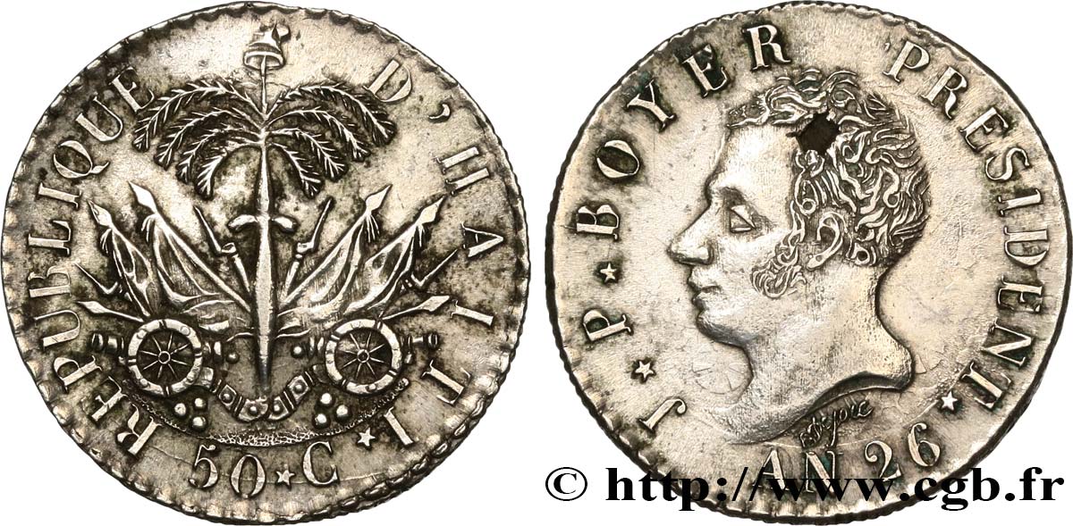 HAITI 50 Centimes Jean-Pierre Boyer an 26 1829  XF 