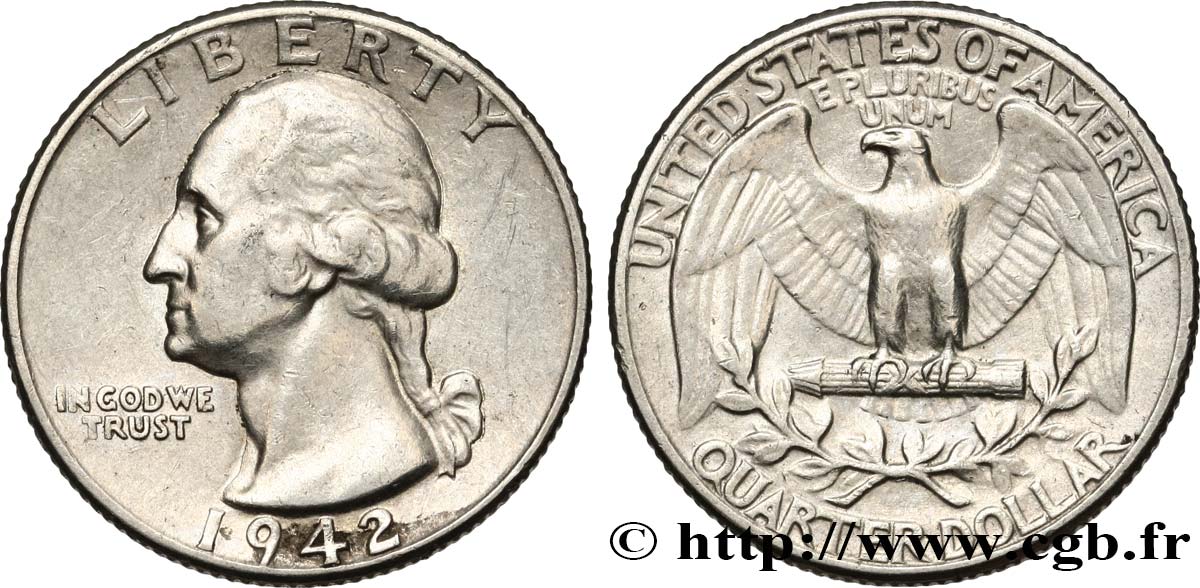 ÉTATS-UNIS D AMÉRIQUE 1/4 Dollar Georges Washington 1942 Philadelphie TTB 