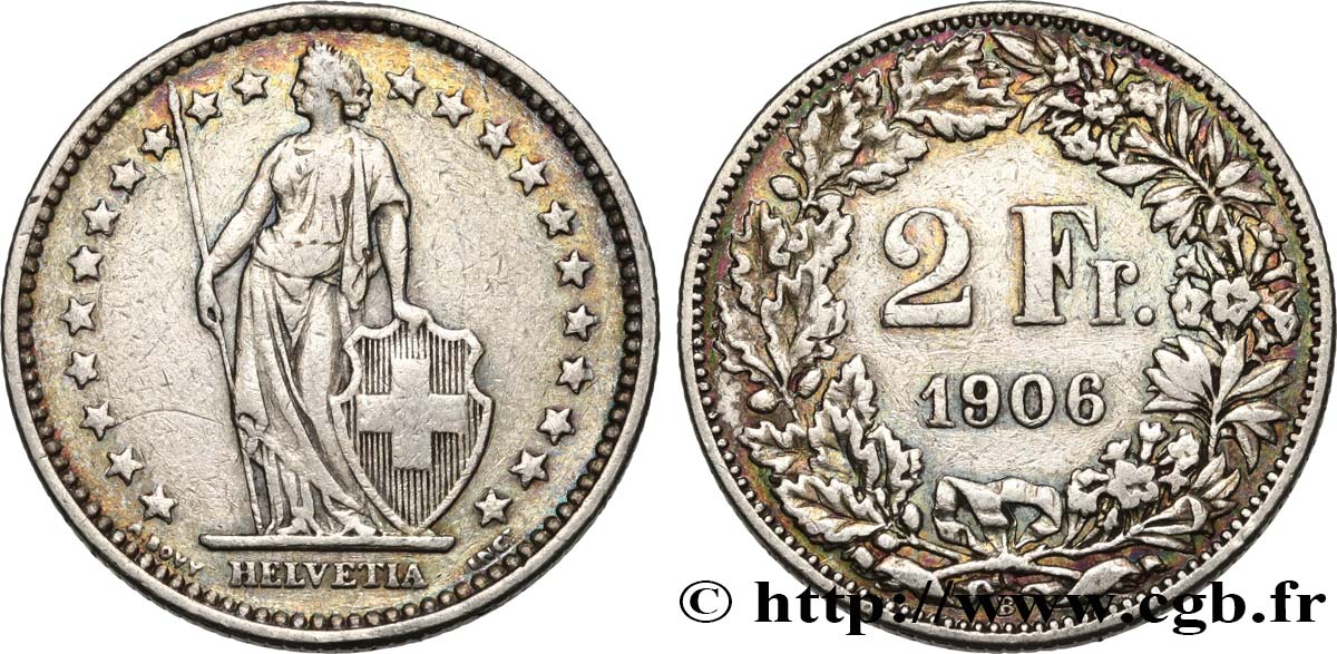SWITZERLAND 2 Francs Helvetia 1906 Berne XF 