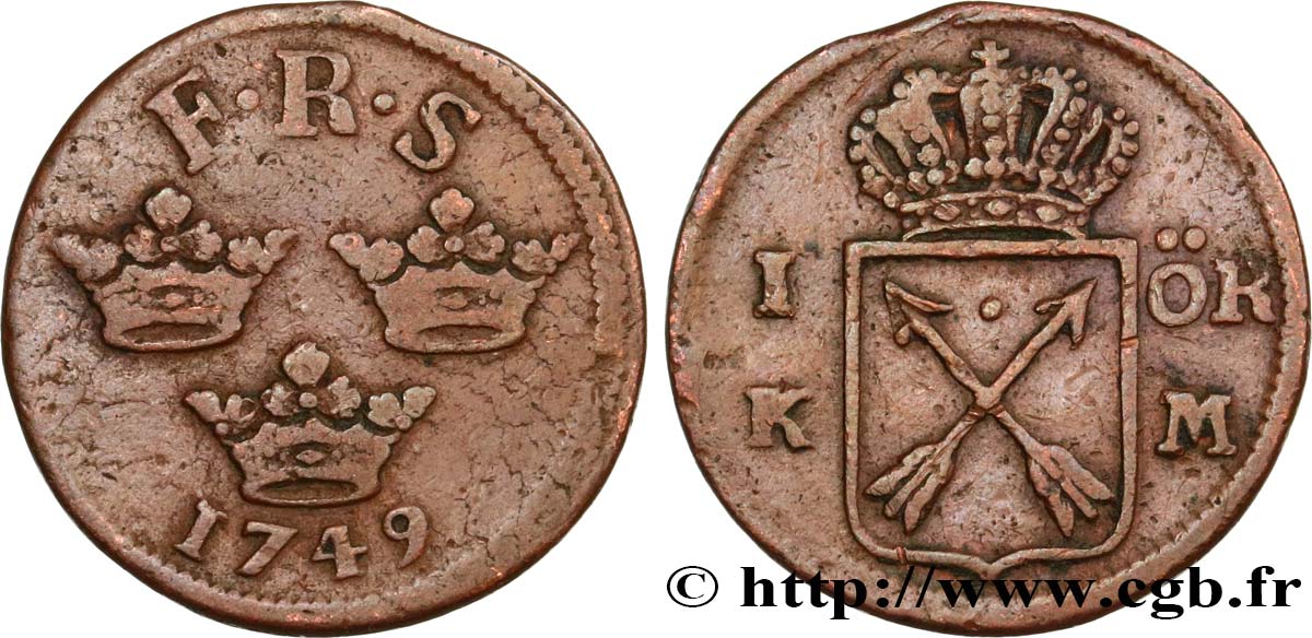 SWEDEN 1 Ore 3 couronnes Frédéric I 1749  VF 