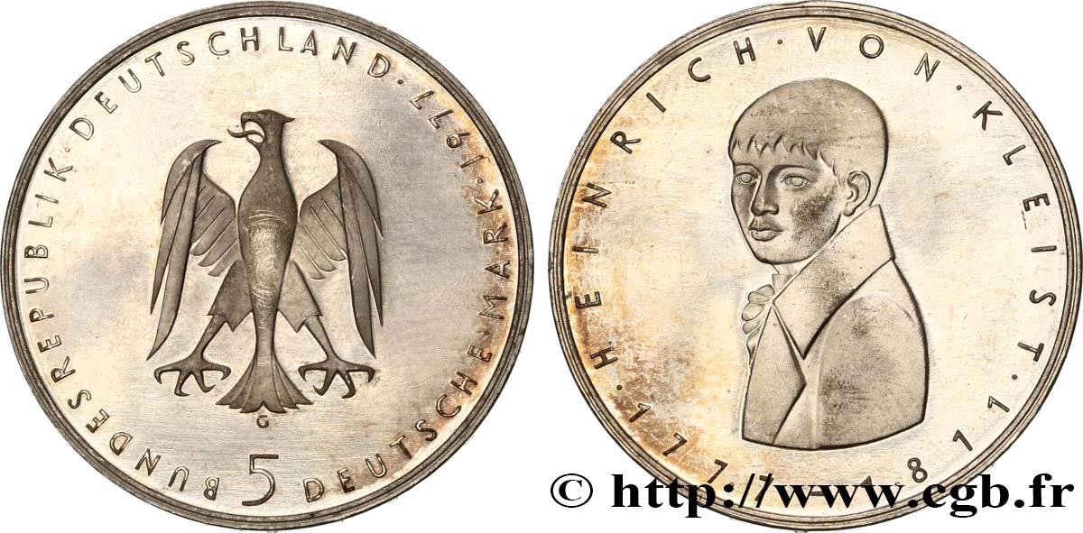 DEUTSCHLAND 5 Mark Heinrich von Kleist Proof 1977 Karlsruhe fST 