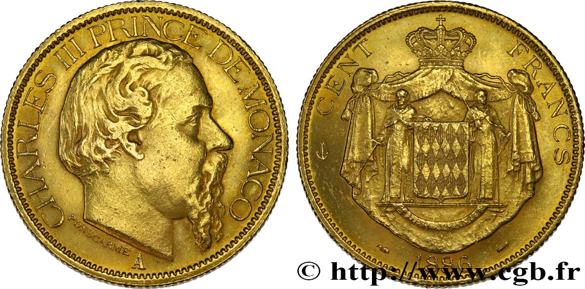 PRINCIPALITY OF MONACO - CHARLES III 100 Francs or 1886 Paris AU/AU 