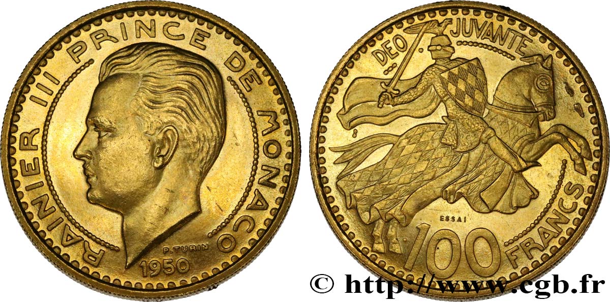 MONACO - PRINCIPALITY OF MONACO - RAINIER III Essai de 100 francs or 1950 Paris MS 