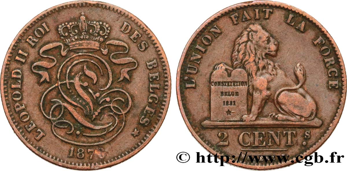 BELGIEN 2 Centimes lion monogramme de Léopold II 1870  SS 
