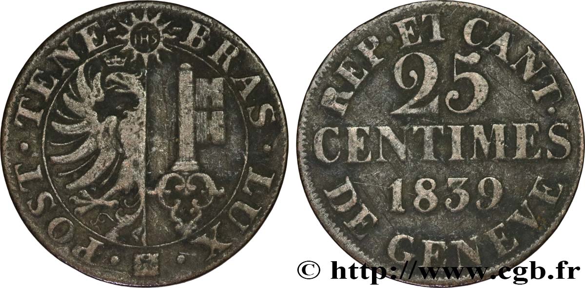 SUISSE - RÉPUBLIQUE DE GENÈVE 25 Centimes 1839  TB 