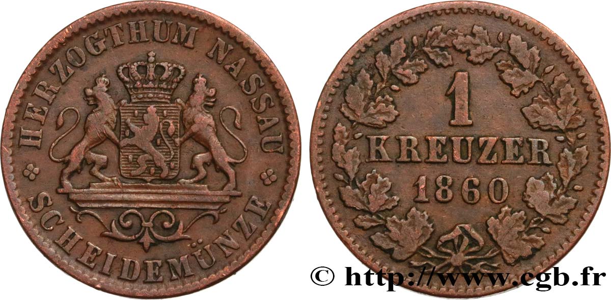 GERMANY - NASSAU 1 Kreuzer 1860  XF 